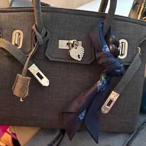 Stylish Women's Dark Charcoal Tote Bag with Decorative Scarf